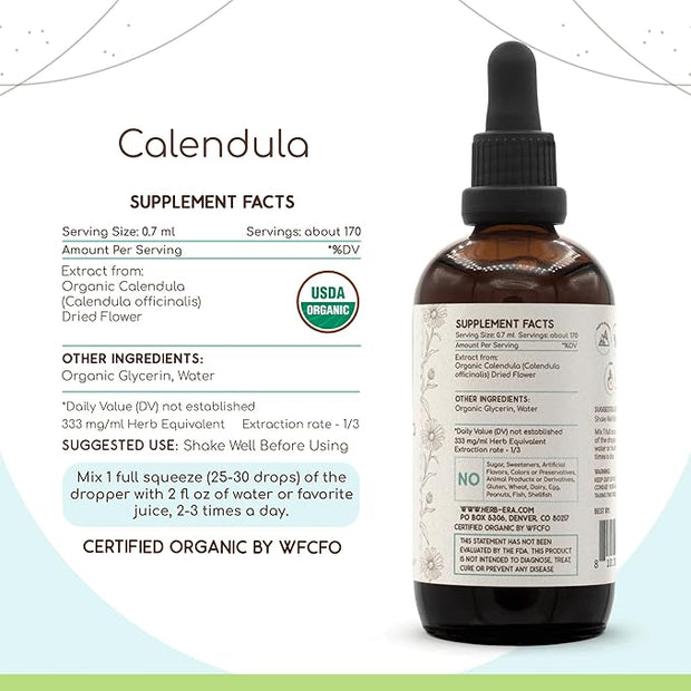 Calendula B120 USDA Organic Tincture | Alcohol-Free Extract, High-Potency Herbal Drops | Certified Organic Calendula (Calendula Officinalis) Dried Flower (4 oz)