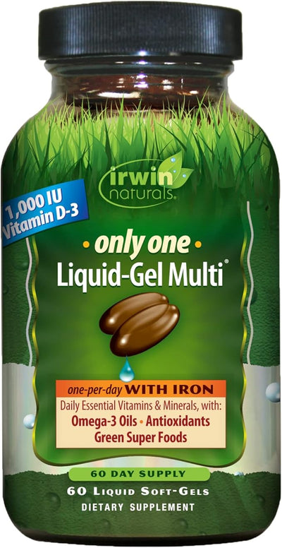 Irwin Naturals Only One Liquid-Gel Multi with Iron - 60 Liquid Softgels - Daily Essential Vitamins, Minerals, Antioxidants, Omega-3s & Green Super Foods