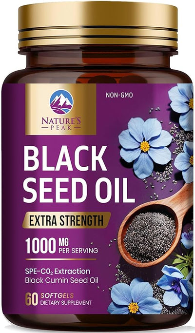 Black Seed Oil 1000mg - Premium Extra Strength Nigella Sativa Black Seed Oil - Black Cumin Seed Oil for Skin, Digestive Health & Immune Support - Non-GMO, Sugar Free & Bottled in USA - 60 Softgels
