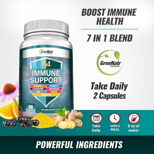 7 in 1 Immune Support Supplement D3, Zinc 50mg, Quercetin, 60 Capsules (3 Bottles)