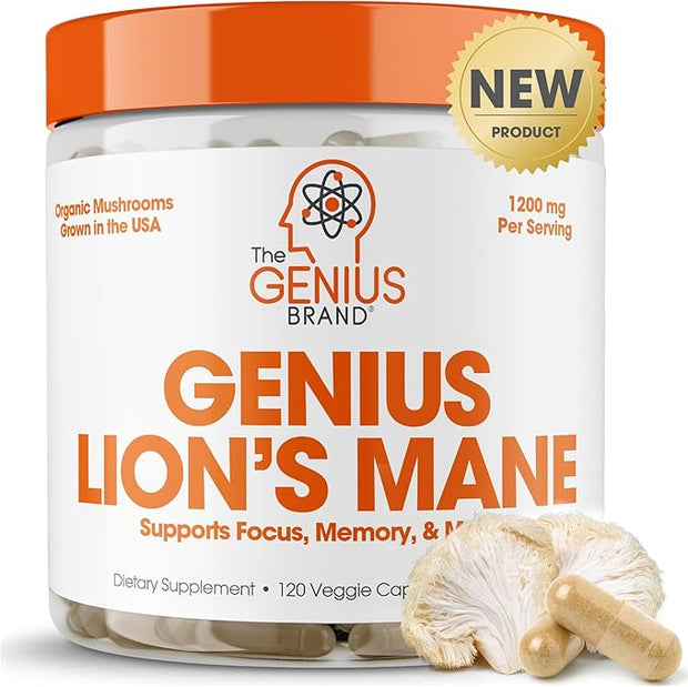 Genius Lions Mane Supplement Capsules 1200mg per 120 Veggie