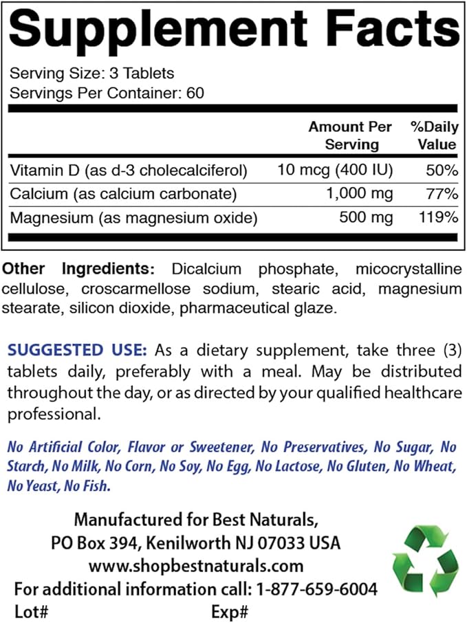 Best Naturals Calcium Magnesium with Vitamin D3 1500mg 1500mg Serving 180 Tablets (180 Count 3))