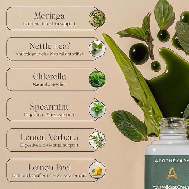 Apothékary Your Wildest Greens Tincture, All-in-One Daily Greens Superfood Supplement, Vitamin & Mineral Support, 5X Potency of Greens Powders, Sugar Free, Calorie Free, (15 Servings) 1.22oz