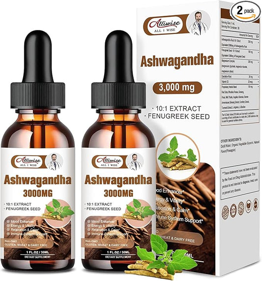 2 Pack Ashwagandha Supplement Liquid Drops 3000mg with VitaminD3,Fenugreek Seeds，Magnesium