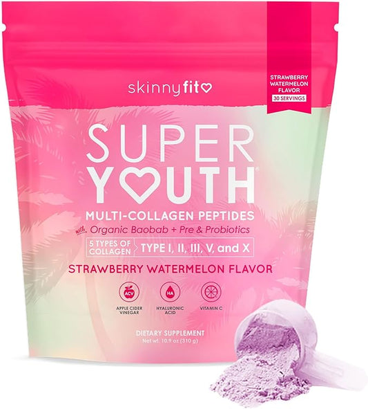 SkinnyFit Super Youth Strawberry Watermelon Multi-Collagen Peptides + Probiotics, Baobab Fiber, Apple Cider Vinegar, Hyaluronic Acid, & Vitamin C, Skin, Hair, Joint & Metabolism Support, 30 Servings