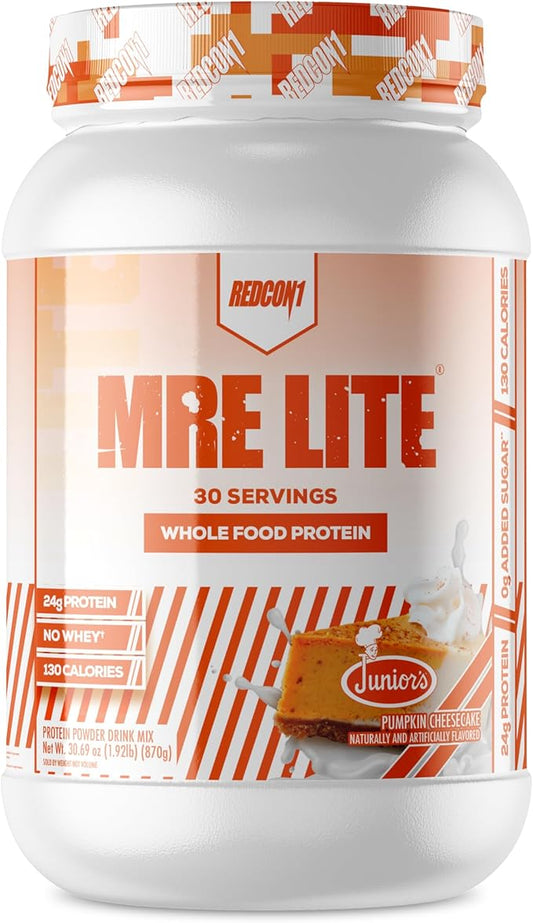 REDCON1 MRE Lite Whole Food Protein Powder, Juniors, Pumpkin Cheesecake - Low Carb & Whey Free Meal Replacement with Animal Protein Blends - Easy to Digest Supplement Made with MCT Oils (30 Servings)