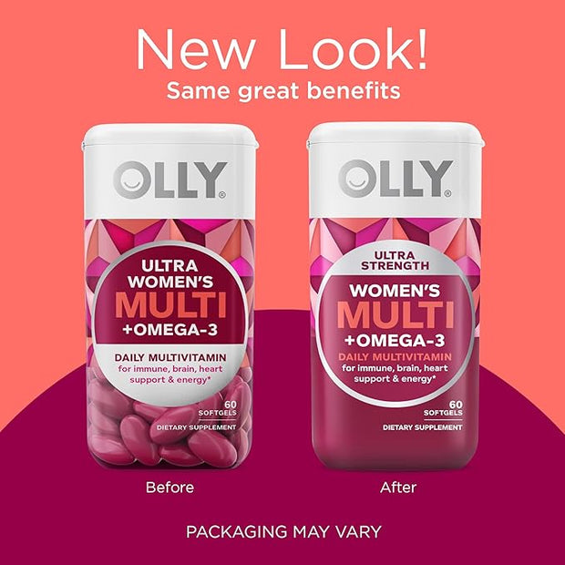 OLLY Ultra Women's Multi Softgels, Overall Omega-3s, Iron, B12, Daily 30 Day 60 Count