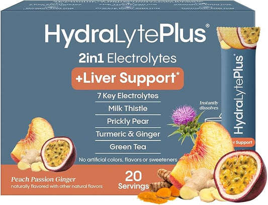 Hydralyte Liver Support + Electrolyte Mix with Milk Thistle, Turmeric, Ginger, Prickly Pear, Green Tea Extract Formulated for Rapid Rehydration (Peach Passion Ginger, 20 Packets)