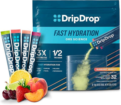 DripDrop Hydration - Sunburst Variety Pack - Electrolyte Drink Mix Single Serve Powder Packets - Lemon Lime, Strawberry, Peach, Black Cherry | Non-GMO, Gluten Free, Vegan | 32 Sticks