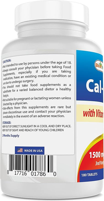 Best Naturals Calcium Magnesium with Vitamin D3 1500mg 1500mg Serving 180 Tablets (180 Count 1))