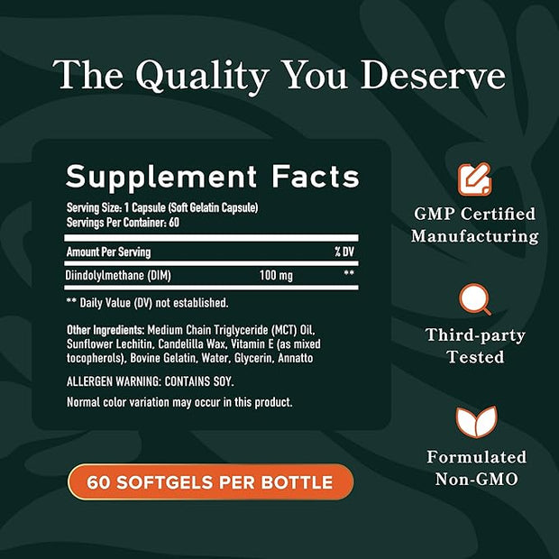 DIM Supplement 100 mg | Estrogen Balance for Women & Men | Diindolylmethane for Hormone Balance, Hormonal Acne, Menopause & Antioxidant Support | with MCT Oil & Vitamin E | Gentle Softgels | 60 Ct.