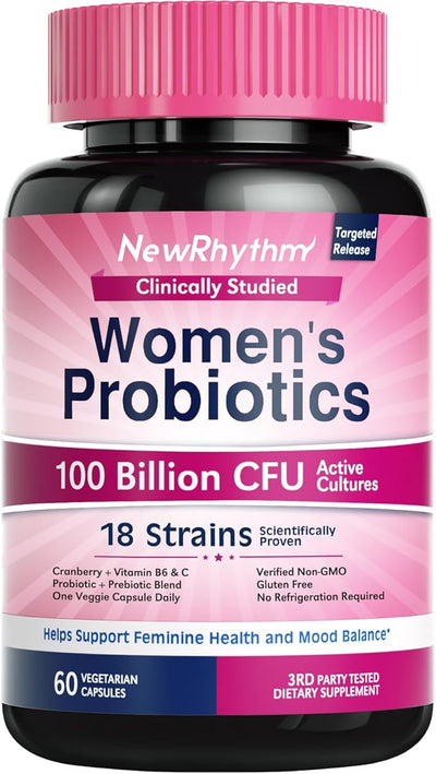 NewRhythm Probiotics for Women, P-5-P, Vitamin 100 Billion 18 Strains, 60 Capsules,