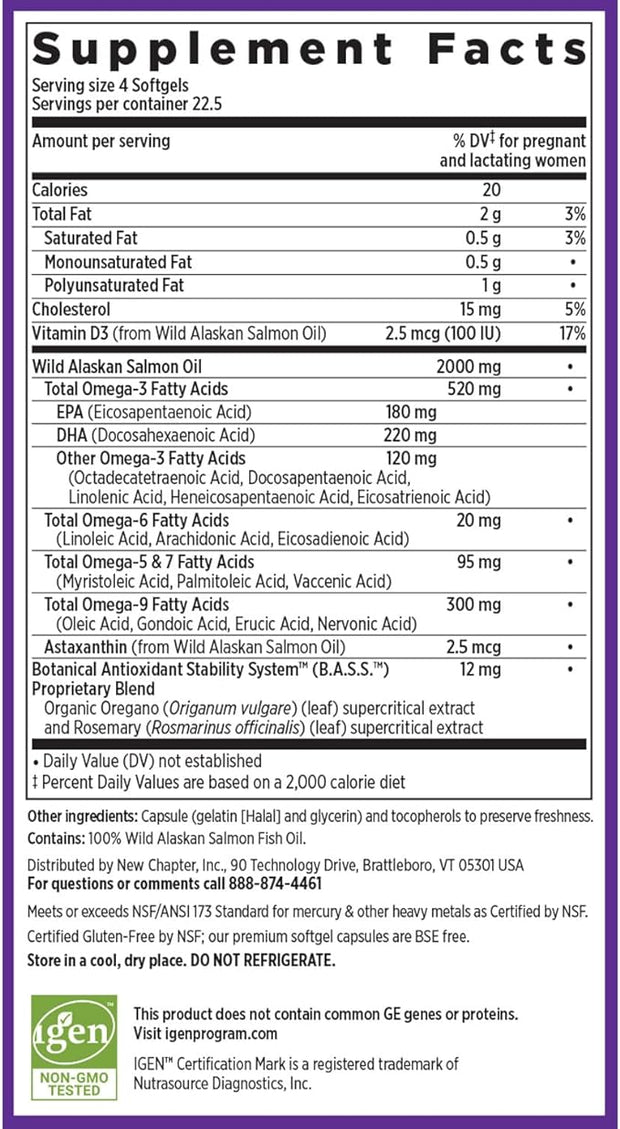 New Chapter Wholemega for Moms Fish Omega-3 + D3 for 90 ct, 500mg Softgels