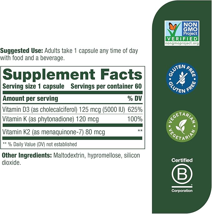MegaFood Vitamin D3 5000 IU (125 mcg) D3 K2, K2, Supports 60 Mini 60 Servings