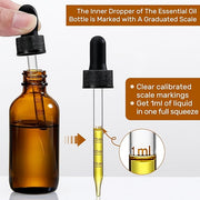 4 Pack 1 oz Glass Dropper Bottles with Measured Dropper - 30ml Dark Amber Tincture Bottles with Graduated Calibrated Glass Eye Droppers (1ml) for Essential Oils, Liquids - Leakproof Travel Bottles
