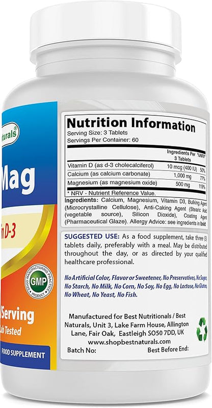 Best Naturals Calcium Magnesium with Vitamin D3 1500mg 1500mg Serving 180 Tablets (180 Count 1))