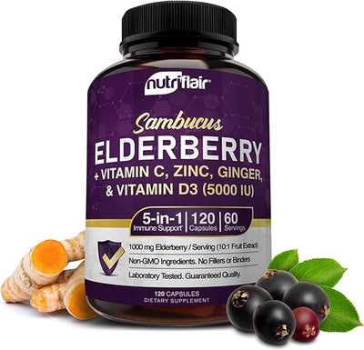 NutriFlair Sambucus Elderberry, 120 Veggie Capsules 5 in 1 Immune D3 5000 5000 IU, 2 Month