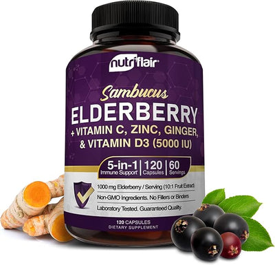 NutriFlair Sambucus Elderberry, 120 Veggie Capsules 5 in 1 Immune D3 5000 5000 IU, 2 Month
