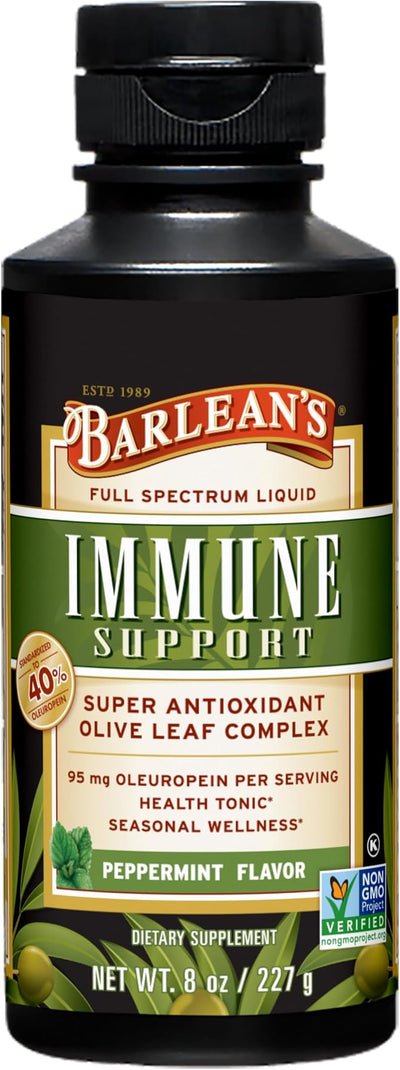 Barlean's Peppermint Olive Leaf Complex Liquid Immune Support Supplement with 95mg Oleuropein Antioxidants, 8 Ounce
