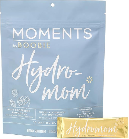 Boobie Hydromom Superfood Electrolyte Drink Mix, Blue Raspberry Lemonade | Refreshing Energy & Hydration Boost for Mamas | On-The-Go & Travel Essentials for Pregnancy, Lactation, & Beyond, 15 Packets