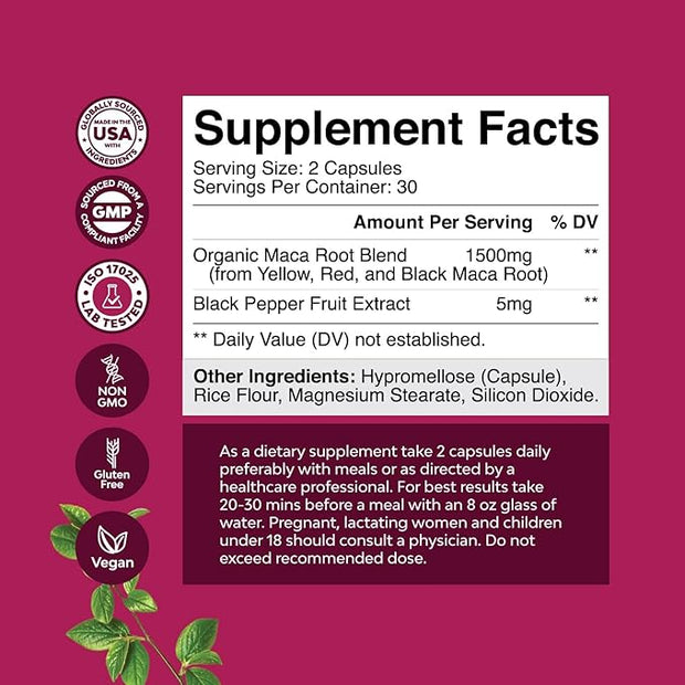 Organic Maca Root Capsules for Women 60ct