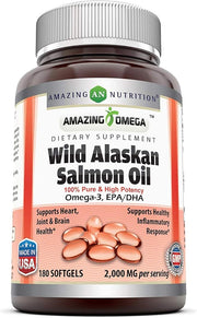Amazing Omega Wild Alaskan Salmon Oil 2000mg Per Serving Softgels Supplement (180 | 3 Pack)