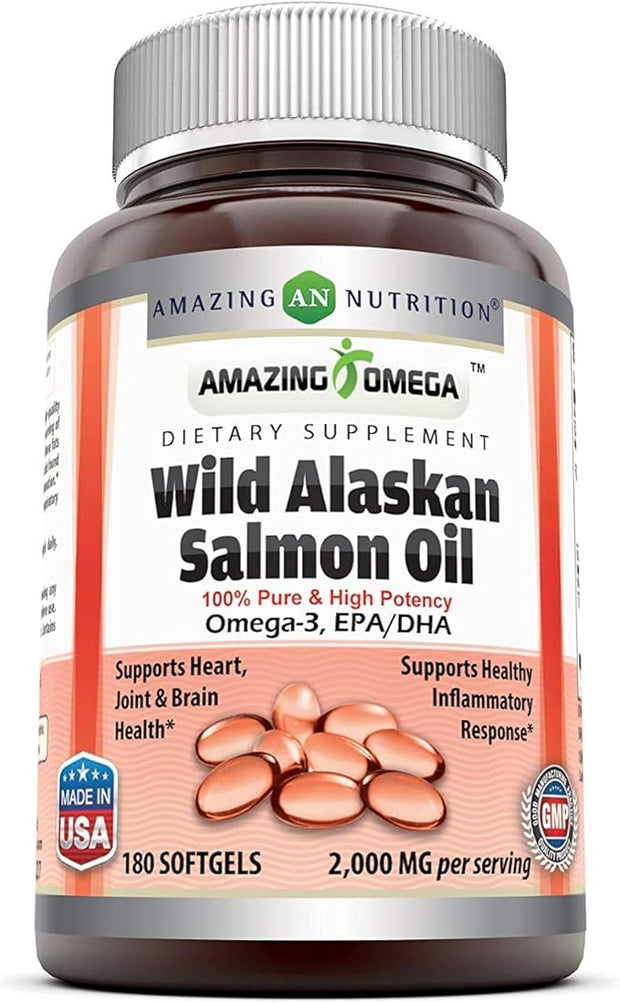 Amazing Omega Wild Alaskan Salmon Oil 2000mg Per Serving Softgels Supplement (180 | 3 Pack)