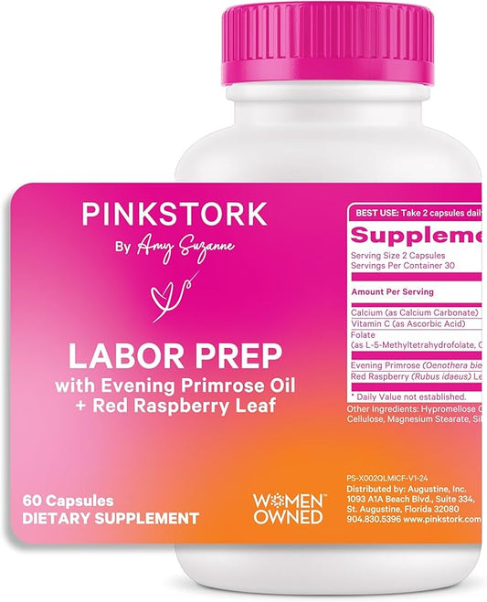 Pink Stork Labor Prep - Evening Primrose Oil Capsules with Red Raspberry Leaf Tea, Gentle Birth & Postpartum Care, Third Trimester Pregnancy Must Haves, 60 Capsules