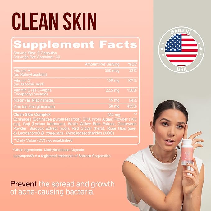 YOU'RE NATURAL Clean Skin Supplement | Acne Support | Skin Support Vitamins for Women, Men & Teens, Vitamin A, Zinc, DHA, Vitamin B3, Vitamin C, Vitamin E - Gluten Free - Made in USA - 60 Capsules