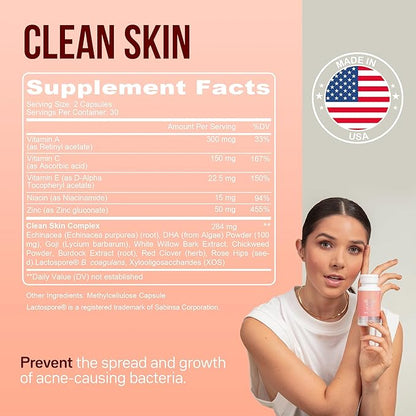 YOU'RE NATURAL Clean Skin Supplement | Acne Support | Skin Support Vitamins for Women, Men & Teens, Vitamin A, Zinc, DHA, Vitamin B3, Vitamin C, Vitamin E - Gluten Free - Made in USA - 60 Capsules