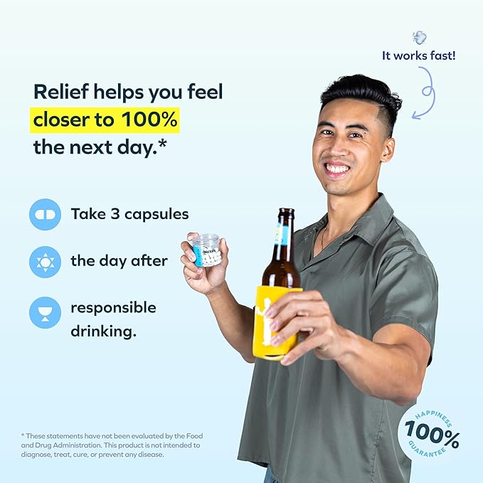 Cheers Relief | Next Morning Aid with Ginger + White Willow Bark | Feel Better After Drinking | 24 Doses | Ginger, White Willow Bark, L-Theanine, Caffeine