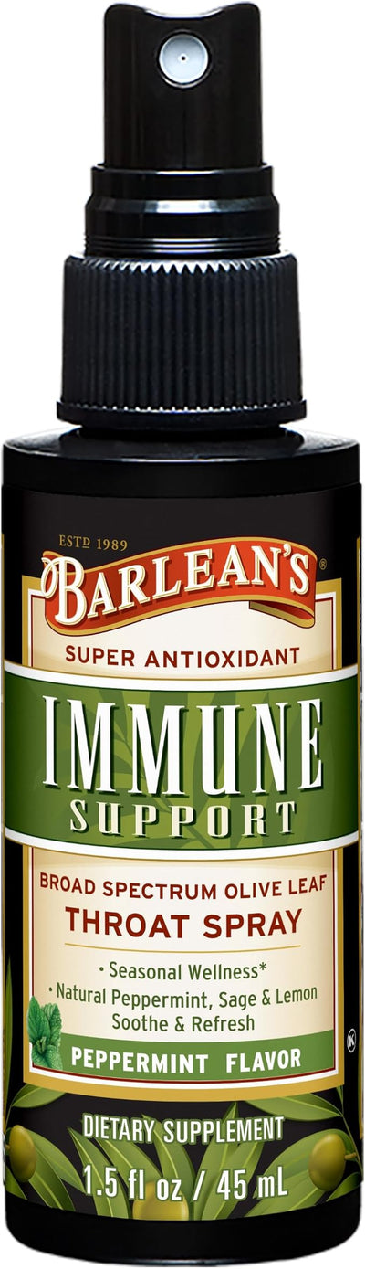 Barlean's Olive Leaf Complex Throat Spray with Peppermint, Lemon, and Sage for Itchy Throat Relief, Immune Support Supplement, Liquid Blended Extract, 1.5 oz