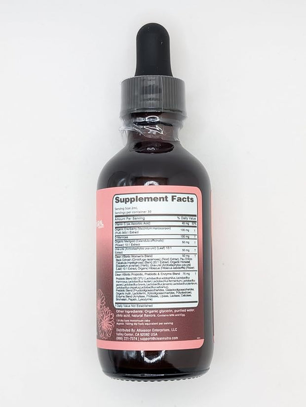 Clean Nutraceuticals VBiotic Vaginal Probiotic for Women Liquid Drops | Cranberry Uva Ursi Horsetail D-Mannose Prebiotics Marigold & Black Cohosh Vaginal Health Supplement | pH Balance