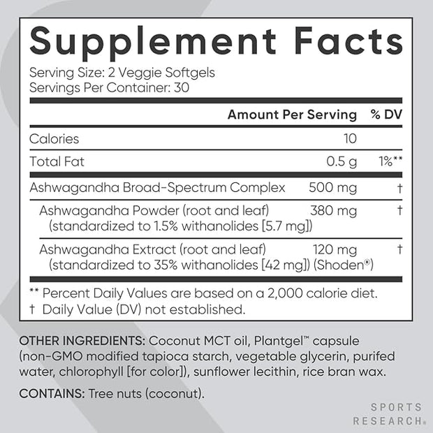 Sports Research® Ashwagandha Softgels with Coconut 60 Count