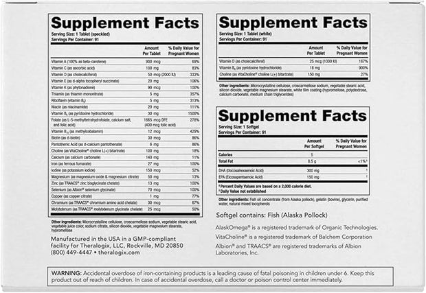 Theralogix TheraNatal Complete Prenatal Vitamin Supplement 91-Day Supply D3, Folate, B6 & 182 Tablets 91 Softgels
