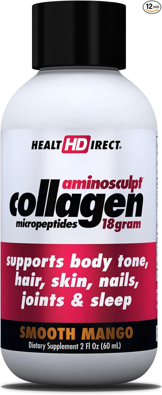 Health Direct – Medical-Grade Liquid Collagen Shots – AminoSculpt Sugar-Free – Smooth Mango – 12 Servings, (12pk, 2oz Shots) – Good for Joints, Bones, & Sleep – Better Hair, Skin & Nails