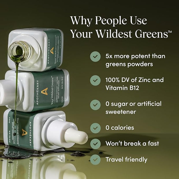 Apothékary Your Wildest Greens Tincture, All-in-One Daily Greens Superfood Supplement, Vitamin & Mineral Support, 5X Potency of Greens Powders, Sugar Free, Calorie Free, (15 Servings) 1.22oz