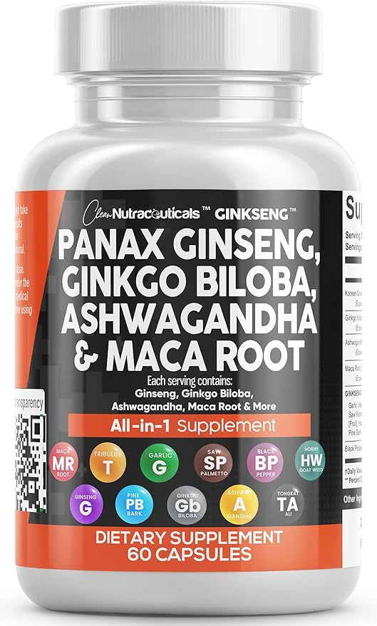Clean Nutraceuticals Panax Ginseng 10000mg Ginkgo 4000mg Ashwagandha 3000mg - 60 Caps