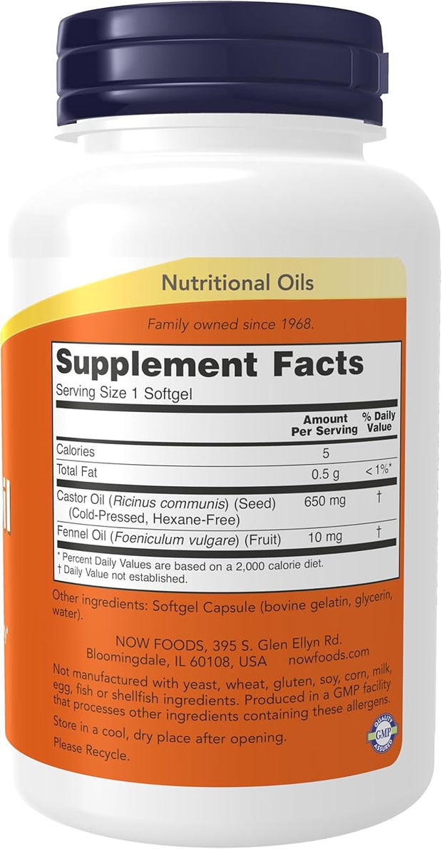 NOW Foods Supplements, Castor Oil 650 mg with Fennel Oil, Natural Laxative*, 120 Softgels