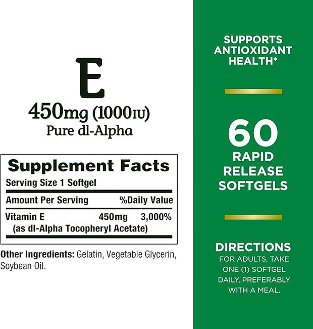Nature's Bounty Vitamin E 1000 IU Softgels, Supports Antioxidant Health & Immune System, 1 Pack, 60 Softgels