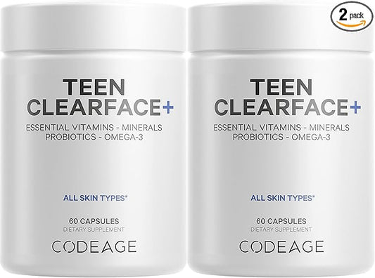 Codeage Teen Clearface Adolescent Face, Skin & Pimples, Vitamins A, C, D3, E, Pantothenic Acid, Niacin, Zinc Supplement Teenagers, Probiotics, L-Lysine, Omega-3, Oily Skin, Pores, Spots - 2 Pack