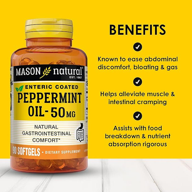 MASON NATURAL Peppermint Oil 50 mg Enteric Coated Supplement, 270 Day Supply of Gastrointestinal Support for Normally Functioning Bowel, Softgel Pills