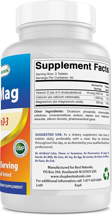 Best Naturals Calcium Magnesium with Vitamin D3 1500mg 1500mg Serving 180 Tablets (180 Count 2))