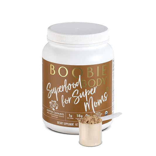 Boobie Body Superfood Protein Meal Replacement Shake, Coffee Caramel Flavor | 19g Protein | Safe For Pregnancy, Lactation, & Motherhood | Organic, Vegan, Zero Sugar, 1 Tub (20 Servings)