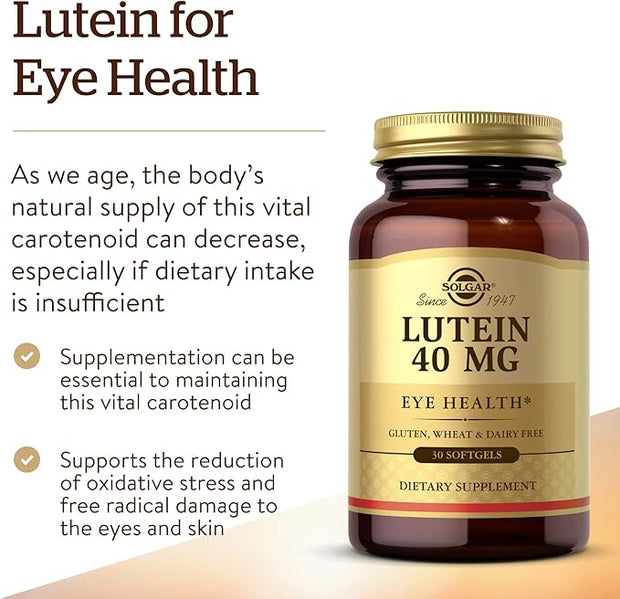 Solgar Lutein 40 mg, 30 Softgels - Supports Eye Health - Helps Filter Out Blue-Light - Contains FloraGLO Lutein - Gluten Free, Dairy Free - 30 Servings