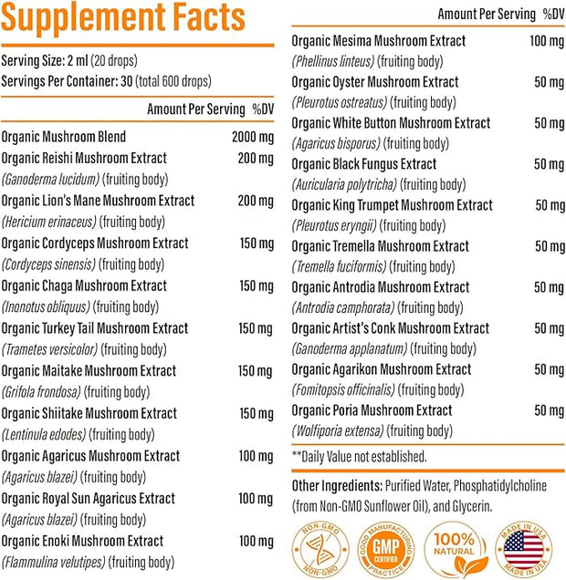 Liposomal Mushroom Complex Drops 2000 MG 20 Organic 90 Servings