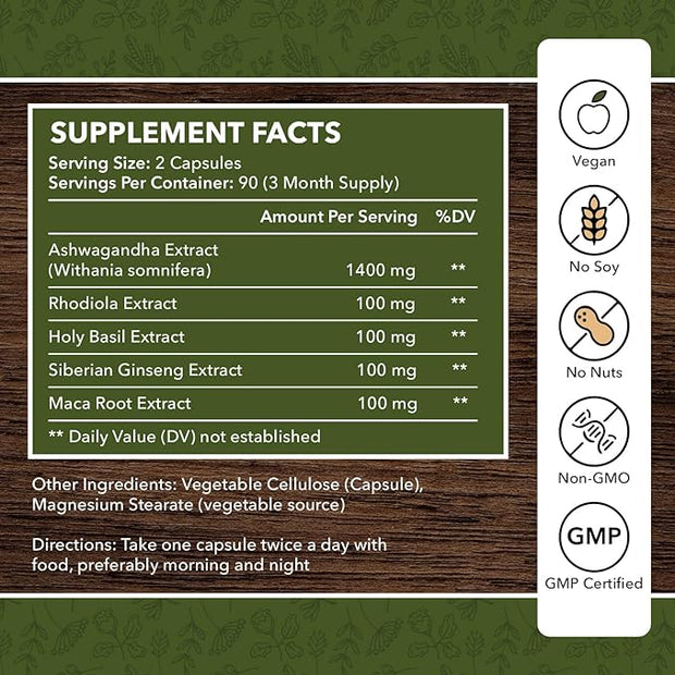 Adaptogen Supplement - Ashwagandha Complex Blend 5-in-1 with 3 Month (180 Capsules)