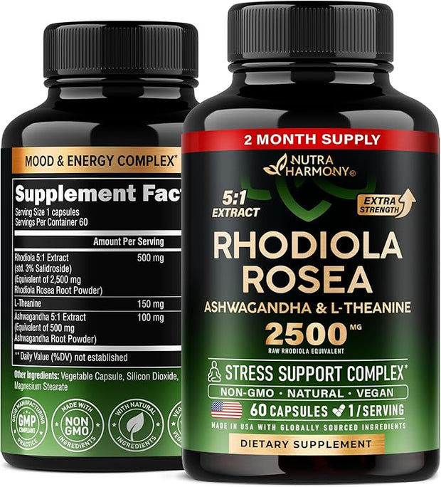 Rhodiola Rosea Supplement 2500mg 5:1 | 3% Salidroside 2 Month 60 Capsules