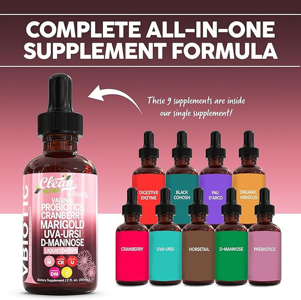 Clean Nutraceuticals VBiotic Vaginal Probiotic for Women Liquid Drops | Cranberry Uva Ursi Horsetail D-Mannose Prebiotics Marigold & Black Cohosh Vaginal Health Supplement | pH Balance
