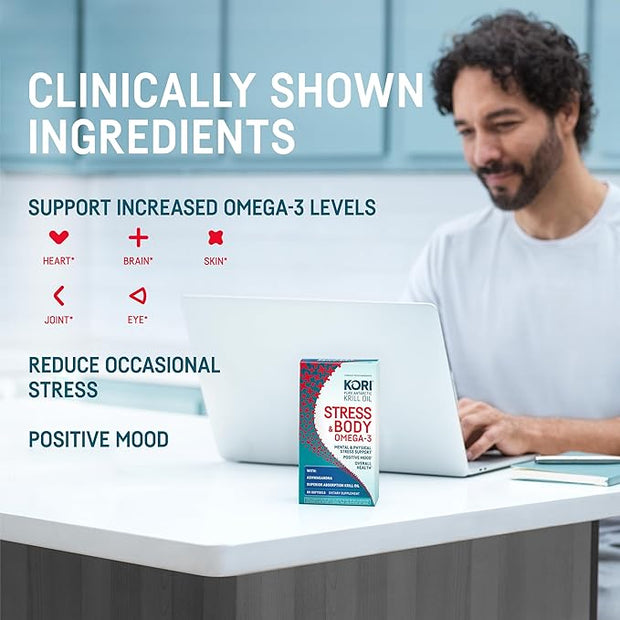 Kori Stress & Body Adaptogen Supplement - Krill Oil & Ashwagandha/Omega-3 Fatty Acids for Heart, Brain, Eye, & Joint Health/Occasional Stress, Mood, & Sleep Support / 80 softgels (Pack of 3)